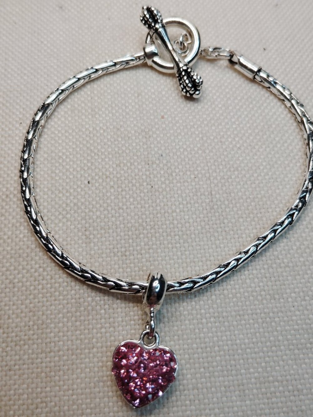 Brighton DaVinci Silver‑Tone Bracelet with Pink Pavé Heart Charm – 8" Toggle